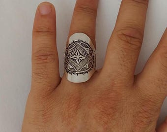 Moroccan Ring Silver Handmade Tuareg Rings Long Engraved Berber Tribal Ethnic African Shield