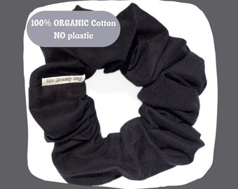 Chouchous Noirs Biologiques & Faits à la Main, 100% Coton + Elastiques à Cheveux Certifiés OEKO-TEX pour Cheveux Épais PAS de plastique Biodégradable, Expédition Zéro Déchet
