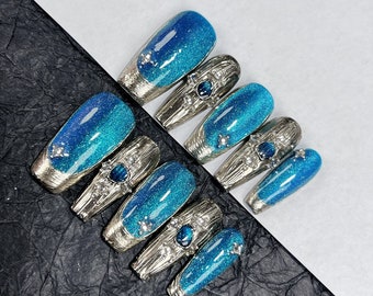 Handmade blue metallic 3D art nails acrylic cat eye nails gyaru nails silver chrome nails