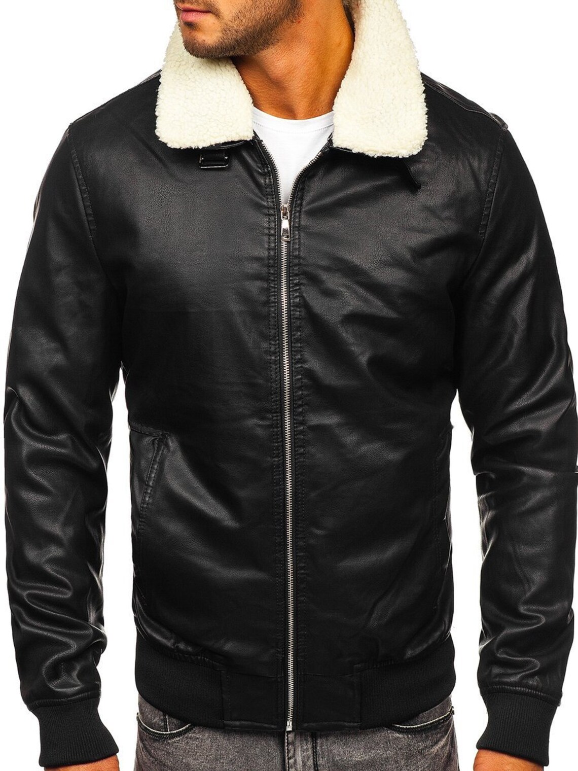 Men's Leather Jacket With Sheep Sherpa Fur Collar / Mens Etsy