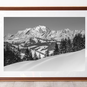 Mont Blanc from the Val d&#39;Arly under the snow in black and white