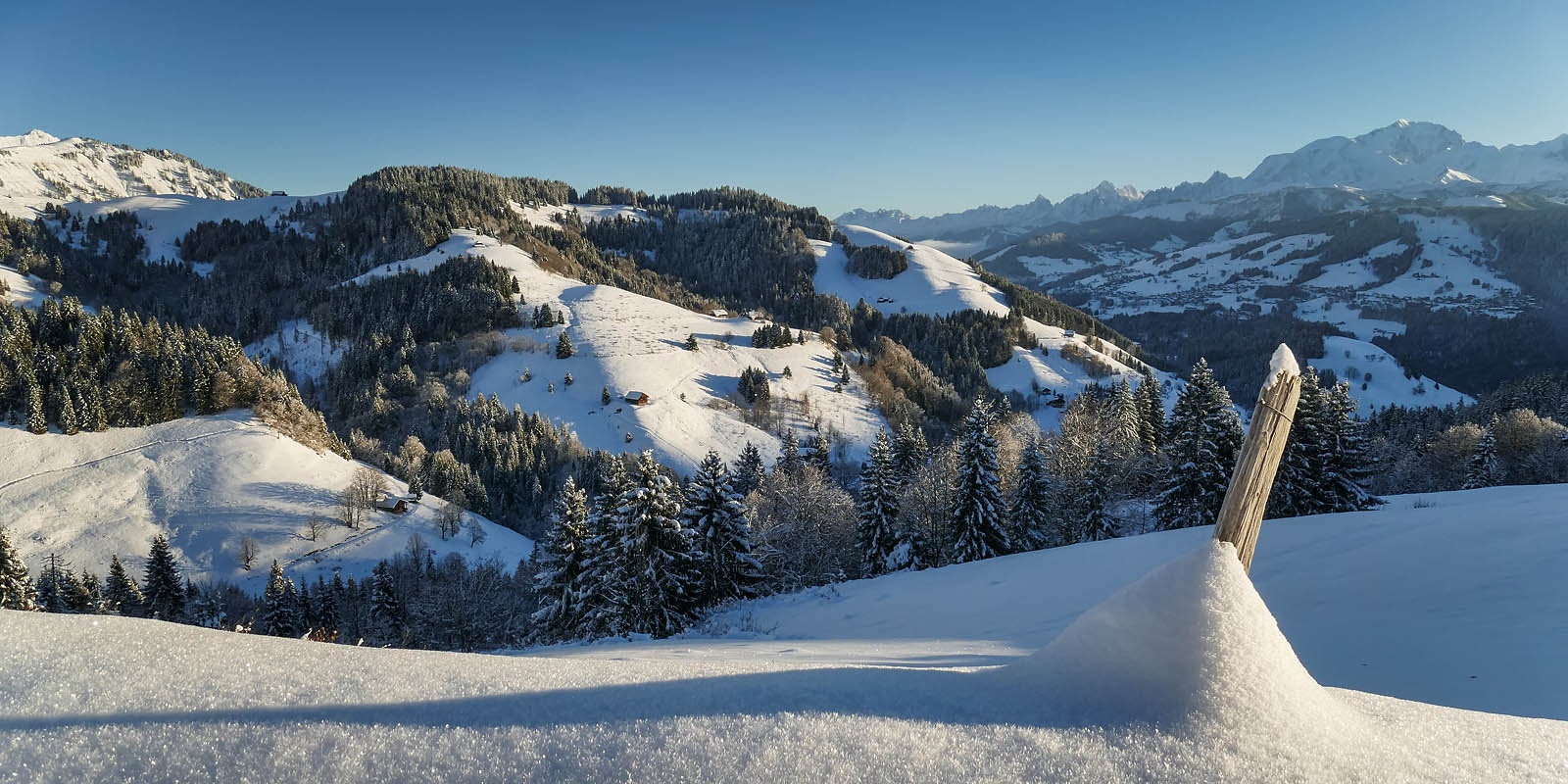 Poteau Enneigé Indiquant La Direction Du Mont Blanc, Depuis Le Val d'arly