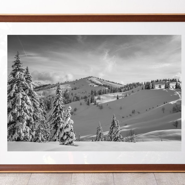 Snowshoe descent to the Col du Jaillet under the snow in black and white