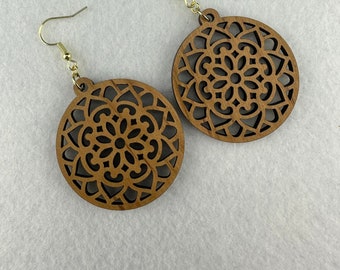 Cherry Wood Floral Mandala Earrings ER100-016.2 | Wooden Earrings | Drop Earrings | Boho Earrings |Beach Earrings| Yoga Earrings