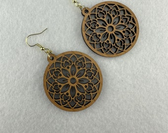 Laser-Cut Cherry Wood Floral Mandala Earrings – Lightweight Boho Wood Jewelry – Eco-Friendly Handmade Dangle Earrings – Gift for Her