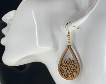 Cherry Wood Floral Mandala Earrings ER100-002.2 | Wooden Earrings | Drop Earrings | Boho Earrings |Beach Earrings| Yoga Earrings