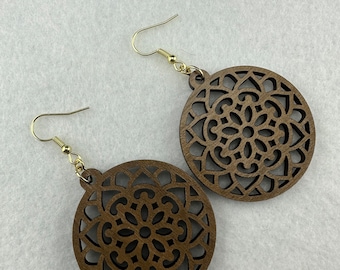 Walnut Wood Floral Mandala Earrings ER100-016.1 | Wooden Earrings | Drop Earrings | Boho Earrings |Beach Earrings| Yoga Earrings