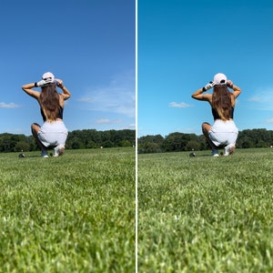 Op de afbeelding: Een persoon in een zwarte top, witte shorts, een witte hoed en golfhandschoenen hurkt op een groene golfbaan. De persoon staat met de rug naar de camera, met de armen omhoog. Een golfclub en bal zijn zichtbaar op het gras. De lucht is blauw.
