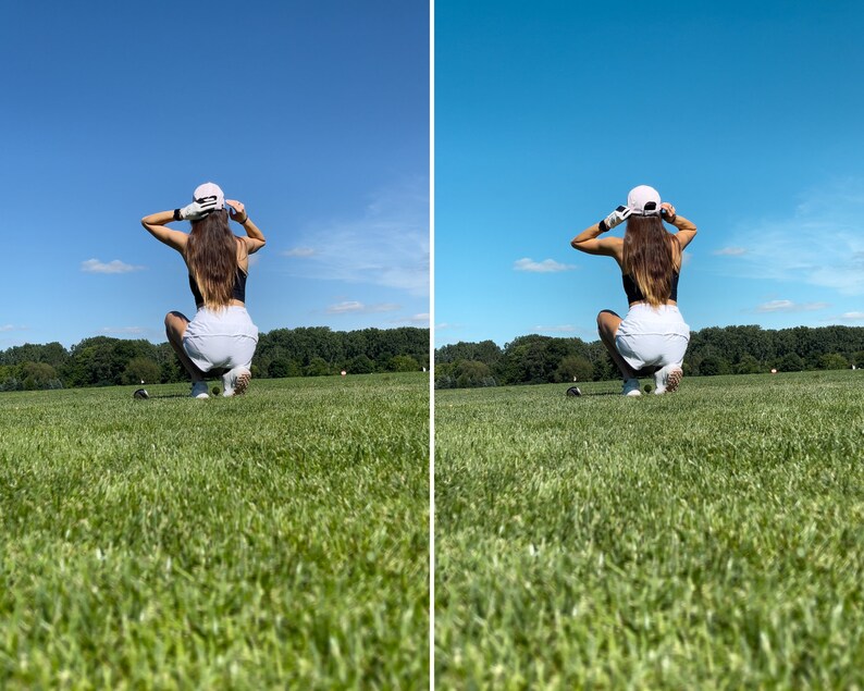 Op de afbeelding: Een persoon in een zwarte top, witte shorts, een witte hoed en golfhandschoenen hurkt op een groene golfbaan. De persoon staat met de rug naar de camera, met de armen omhoog. Een golfclub en bal zijn zichtbaar op het gras. De lucht is blauw.