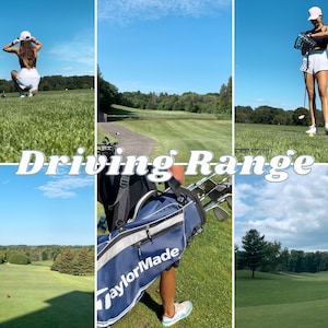 Op de afbeelding: Een collage van afbeeldingen met een golf driving range onder een helderblauwe lucht. De afbeeldingen tonen een persoon in sportkleding, golfclubs en een golftas. De tekst "Driving Range" is over de afbeeldingen geplaatst.