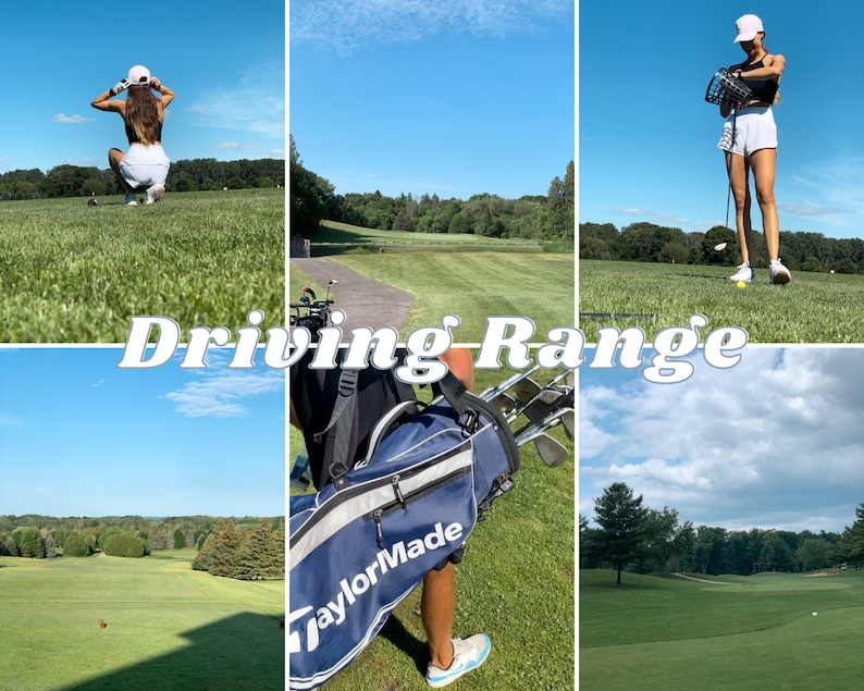 Op de afbeelding: Een collage van afbeeldingen met een golf driving range onder een helderblauwe lucht. De afbeeldingen tonen een persoon in sportkleding, golfclubs en een golftas. De tekst "Driving Range" is over de afbeeldingen geplaatst.