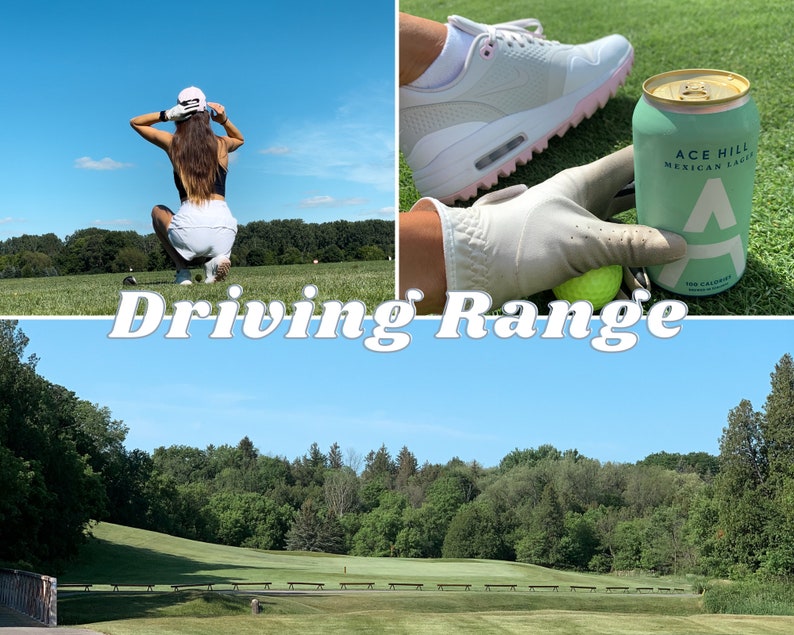 Op de afbeelding: Een samengestelde afbeelding met een golfbaan. E&eacute;n paneel toont een persoon in golfkleding, een ander een golfschoen en een blikje Ace Hill Mexican Lager. De tekst "Driving Range" staat over de afbeelding.