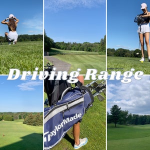 Op de afbeelding: Een collage van afbeeldingen die een golf driving range op een zonnige dag tonen. De afbeeldingen tonen mensen die golf spelen, golfclubs en een golfbaan. De tekst "Driving Range" is over de afbeeldingen geplaatst.
