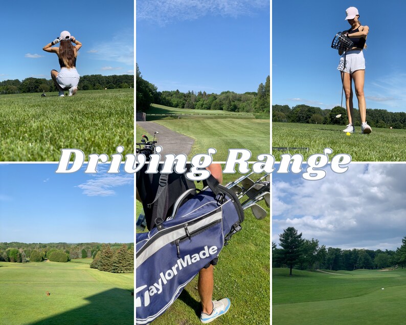 Op de afbeelding: Een collage van afbeeldingen die een golf driving range op een zonnige dag tonen. De afbeeldingen tonen mensen die golf spelen, golfclubs en een golfbaan. De tekst "Driving Range" is over de afbeeldingen geplaatst.