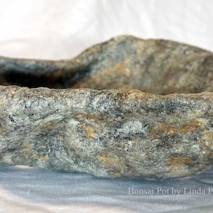 May include: A gray, stone-like bonsai pot with a rough, textured surface. The pot has a shallow, irregular shape with a wide opening. The pot is approximately 12 inches long and 8 inches wide.