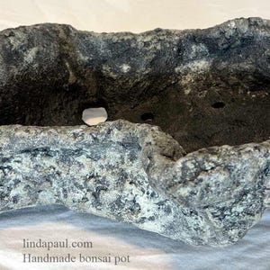 Handmade Bonsai Pot in Charcoal Gray and lichen green with crystal stones by Colorado artist Linda Paul