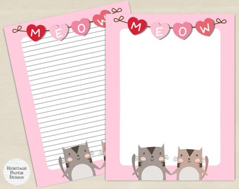 Cute Cat Couple Stationery, Kawaii Note Paper (Digital Download)