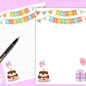 Papelería imprimible de feliz cumpleaños - Lindo papel de escritura Kawaii / Papel digital / Descarga instantánea / GoodNotes / Correo de escritura de cartas de Penpal