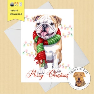 Biglietto d'auguri di Natale stampabile Bulldog inglese, Download istantaneo fai da te, carta 5x7, Carino Holiday Bully Bullie Perfetto per gli amanti dei cuccioli di cane