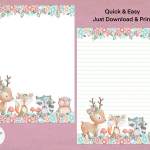 Cute Woodland Floral Animals Printable Papeterie / Digital Note Paper / Téléchargement instantané / Fun Writing Paper / Deer Fox Raccoon Owl