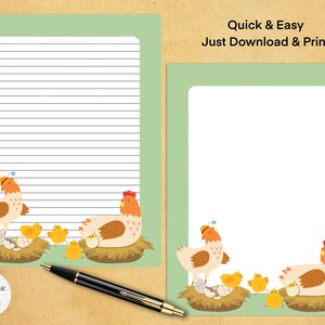 May include: Printable stationery featuring a green background with two cartoon chickens and their chicks. The chickens are brown and white with red combs and wattles. The chicks are yellow. The text "Quick & Easy Just Download & Print" is at the top of the page.