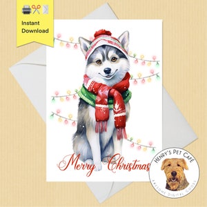 Adorable Husky Pomsky Dog Carte de vœux de Noël imprimable, DIY Téléchargement instantané, carte 5x7, Cute Holiday Pooch Parfait pour les amateurs de chiens