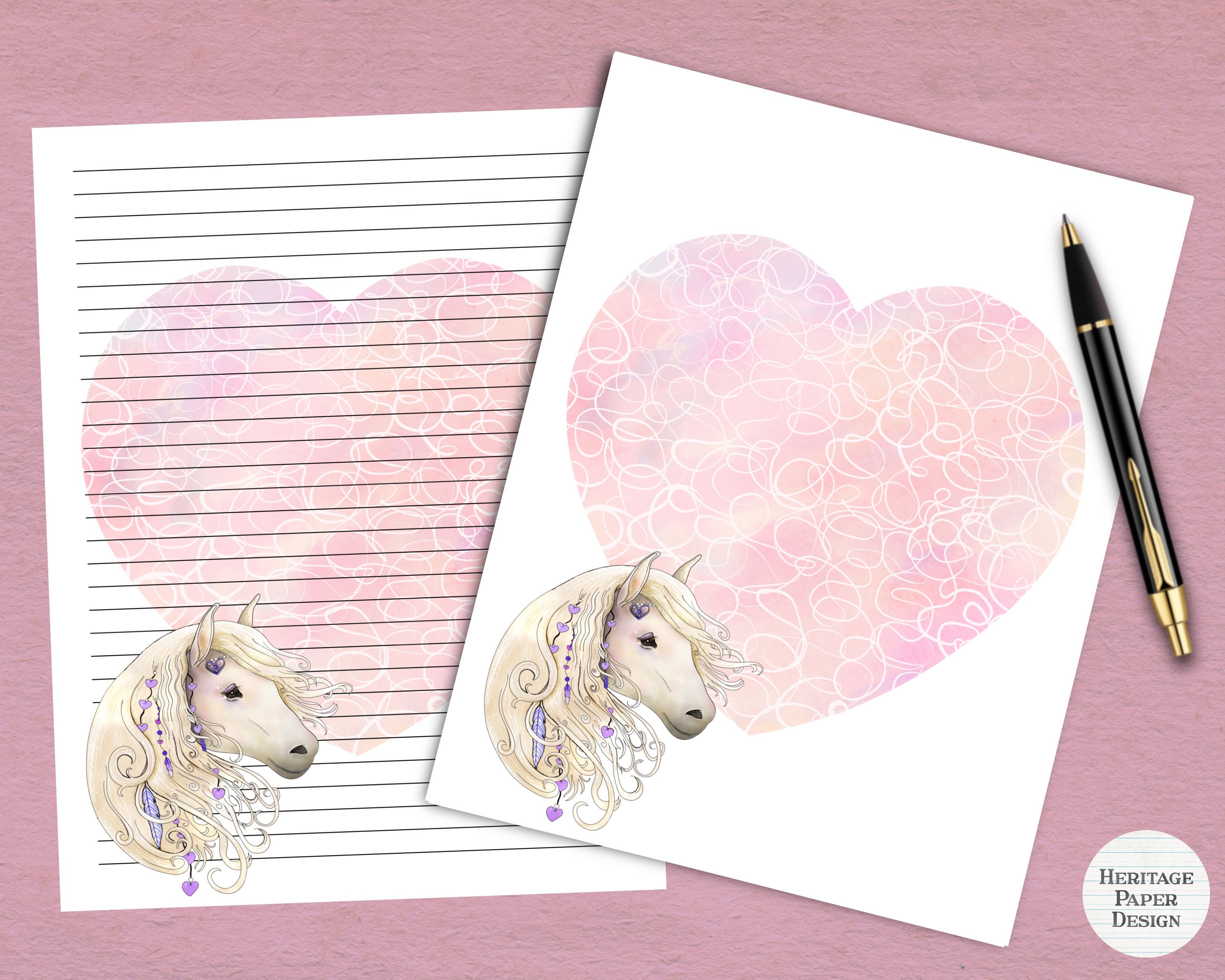 Heart Horse Printable Stationery 4/ 8.5 X11 and A4 Sizes / Instant