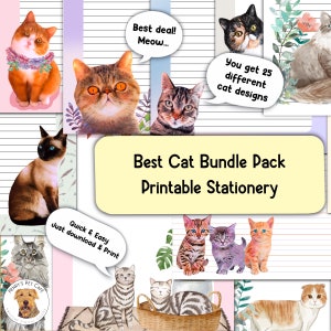 Cat Lovers Printable Stationery / Best Bundle Deal Pack / Instant Download / Fun Cute Writing Paper / 25 Different Cat and Kitten Designs