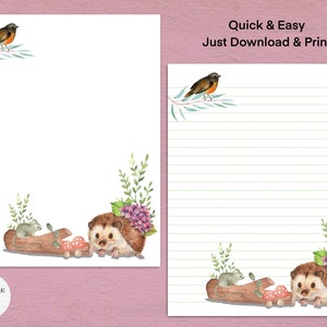 Cute Hedgehog Printable Stationery / Digital Note Paper / Instant Download / Writing Paper / Wild Woodland creatures