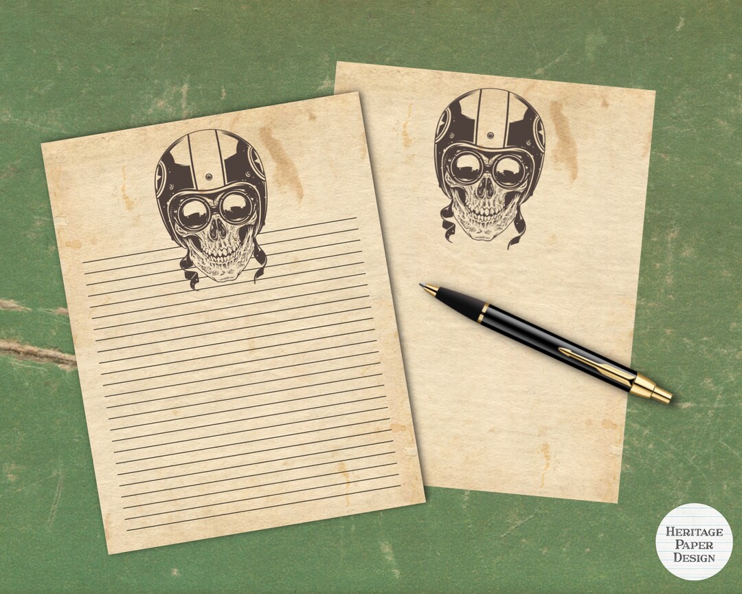 Skull Wearing Motorcycle Helmet Printable Stationery / Digital Textured ...