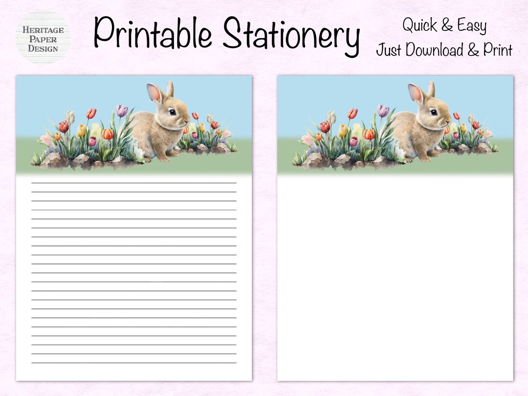 Cute Bunny Rabbit Printable Stationery / Digital Note Paper / Instant ...