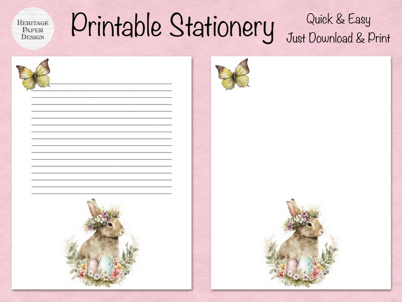 Floral Bunny Rabbit Printable Stationery / Digital Note Paper / Instant ...
