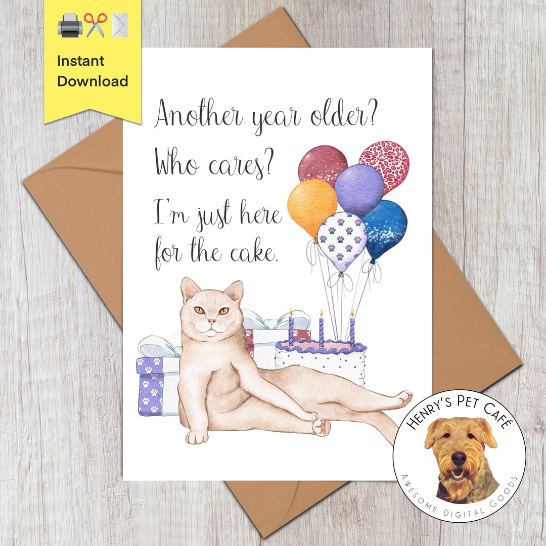 Funny Cat Birthday Printable Card, Cute Digital Greeting Cards, Cat Mom ...