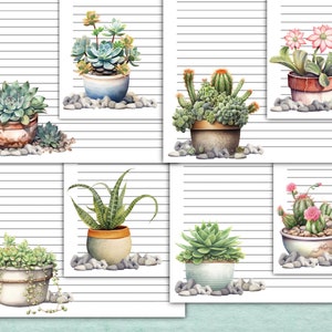 Ensemble de papeterie imprimable de plantes en pot / 8 modèles différents / Papier d'écriture de note numérique / Téléchargement instantané / Amoureux des plantes succulentes