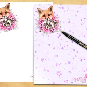Papeterie imprimable - Fox & Raccoon Friends / Japanese Pressed Flowers Paper Design / Note Writing Paper / Instant Download / GoodNotes