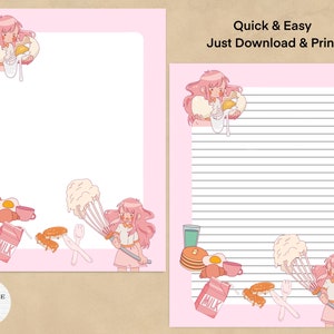 Papelería imprimible de desayuno anime / Diseños lindos de dibujos animados de comida / Imprimir en casa / Perfecto para escribir cartas de amigos por correspondencia / Papel de notas / Diario