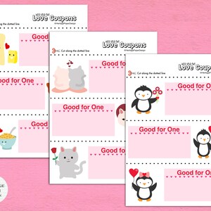 Cupons de amor fofos para impressão | Personagens de pinguim/gato/comida | Para o Dia dos Namorados / Namorado / Namorada / Marido / Esposa / Amante / Amigo