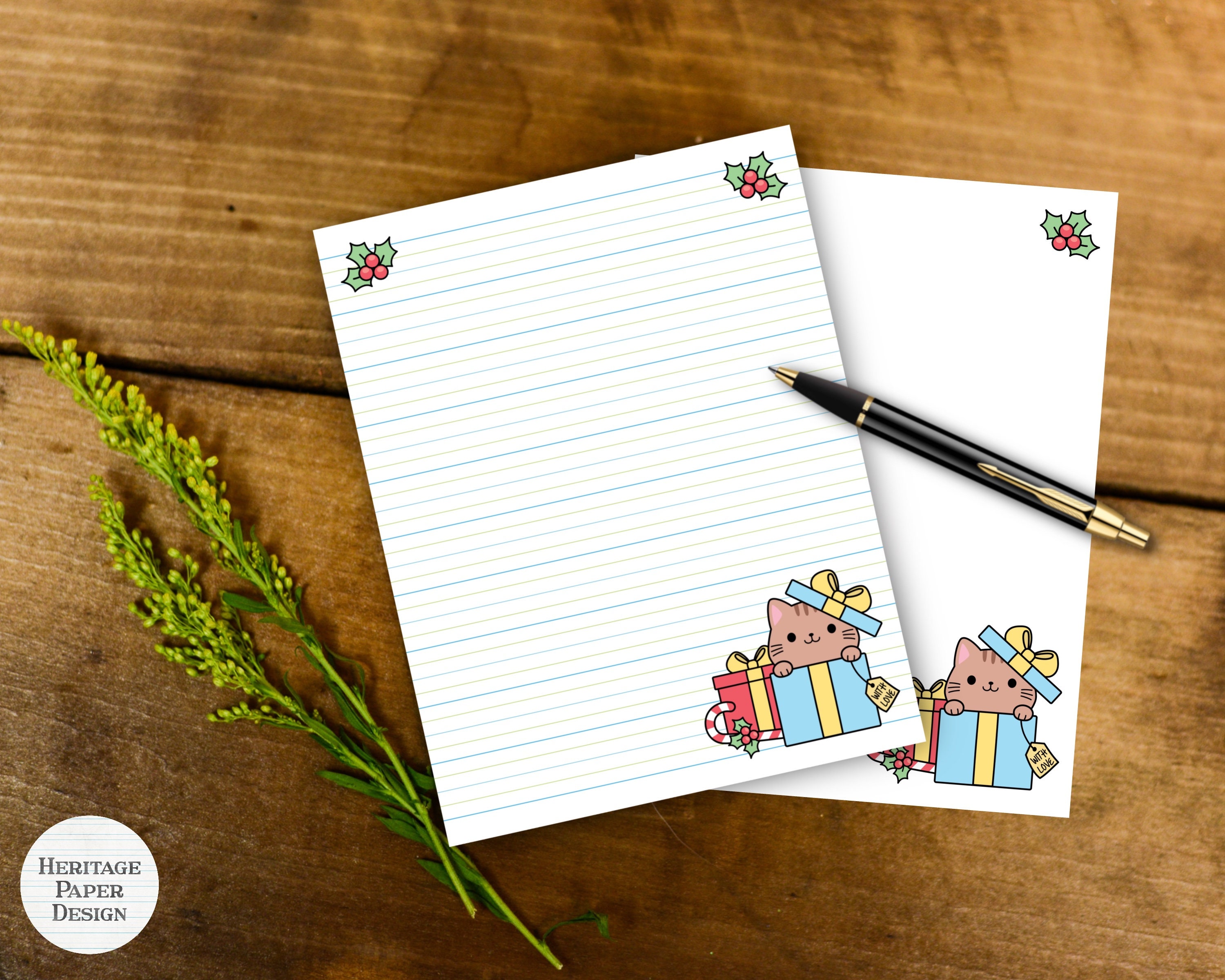 Cute Holiday Cat Kitten Printable Stationery 5 / Digital Note Paper ...