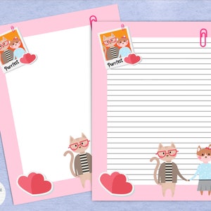 Encantadora pareja de gatos Papelería imprimible / Imprimir en casa Perfecto para amigos por correspondencia / Escritura de cartas / Papel de notas / Diario / Amantes de los gatos / San Valentín