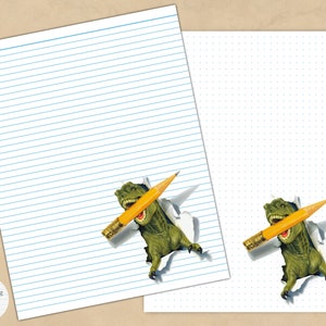 May include: A printable sheet of lined paper with a green dinosaur holding a yellow pencil in its mouth. The dinosaur is peeking through a hole in the paper. The paper has a dotted pattern on the right side.