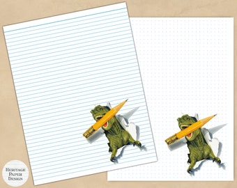 Dinosaurie T-Rex brevpapper: Utskrivbart linjerat/prickigt papper (digital nedladdning)
