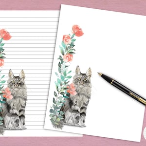 Papeterie imprimable Maine Coon Cat | Imprimer à la maison | Parfait pour les correspondants/lettres/papier à lettres/journal/courrier postal/amoureux des chats.