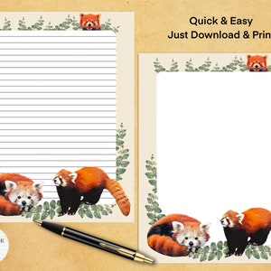 Artigos de papelaria para impressão de animais de panda vermelho / papel de nota digital / download instantâneo / papel vintage para escrita / criatura fofa da floresta da vida selvagem