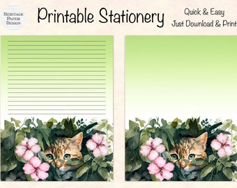 Cat in Garden Printable Stationery, Kawaii Note Paper (Digital Download)