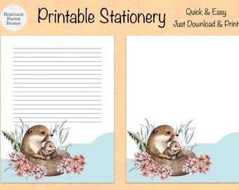 Mother and Baby Otter Printable Stationery / Digital Note Paper / Instant Download / Cute Wildlife Otters