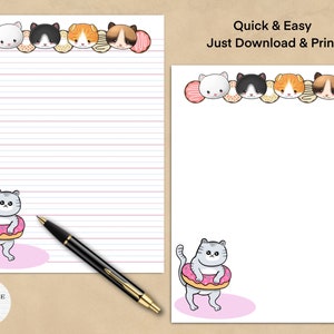 Papelería imprimible lindo donut y gato / Papel de nota digital / Descarga instantánea / GoodNotes / Papel de nota Kawaii / Gatos gatitos lindos