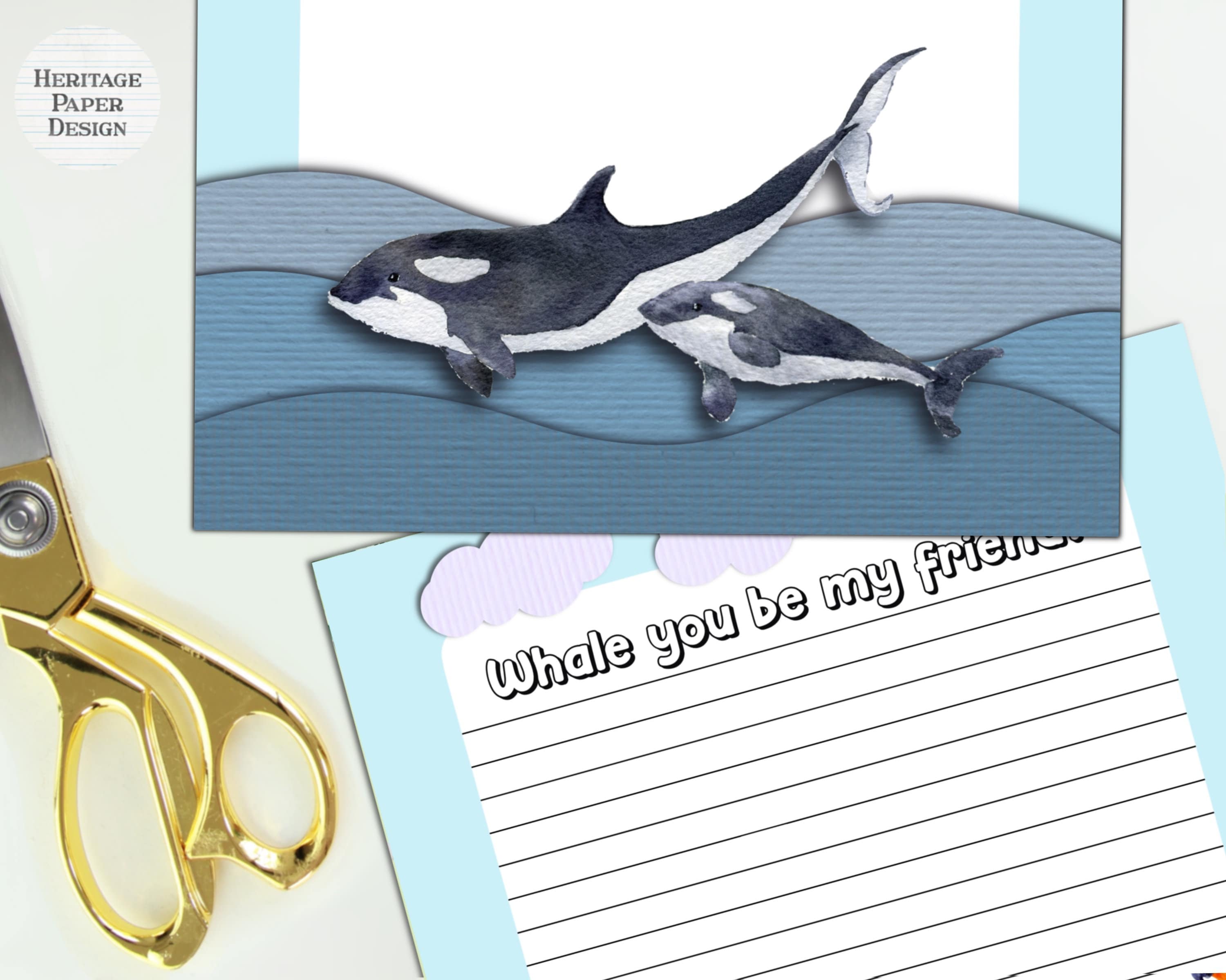 Cute Whales Printable Stationery / Digital Note Paper / Instant