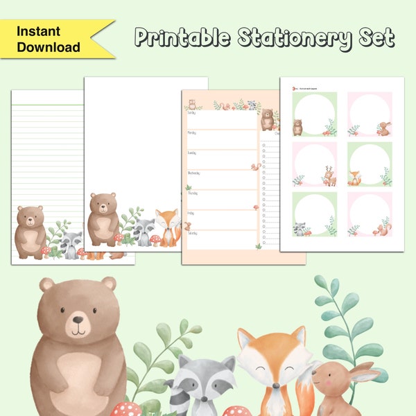 Cute Woodland Animals Printable Stationery Set / Digital Note Paper / Writing Paper / Weekly Planner / Memo Pad / Best Stationery / Penpal