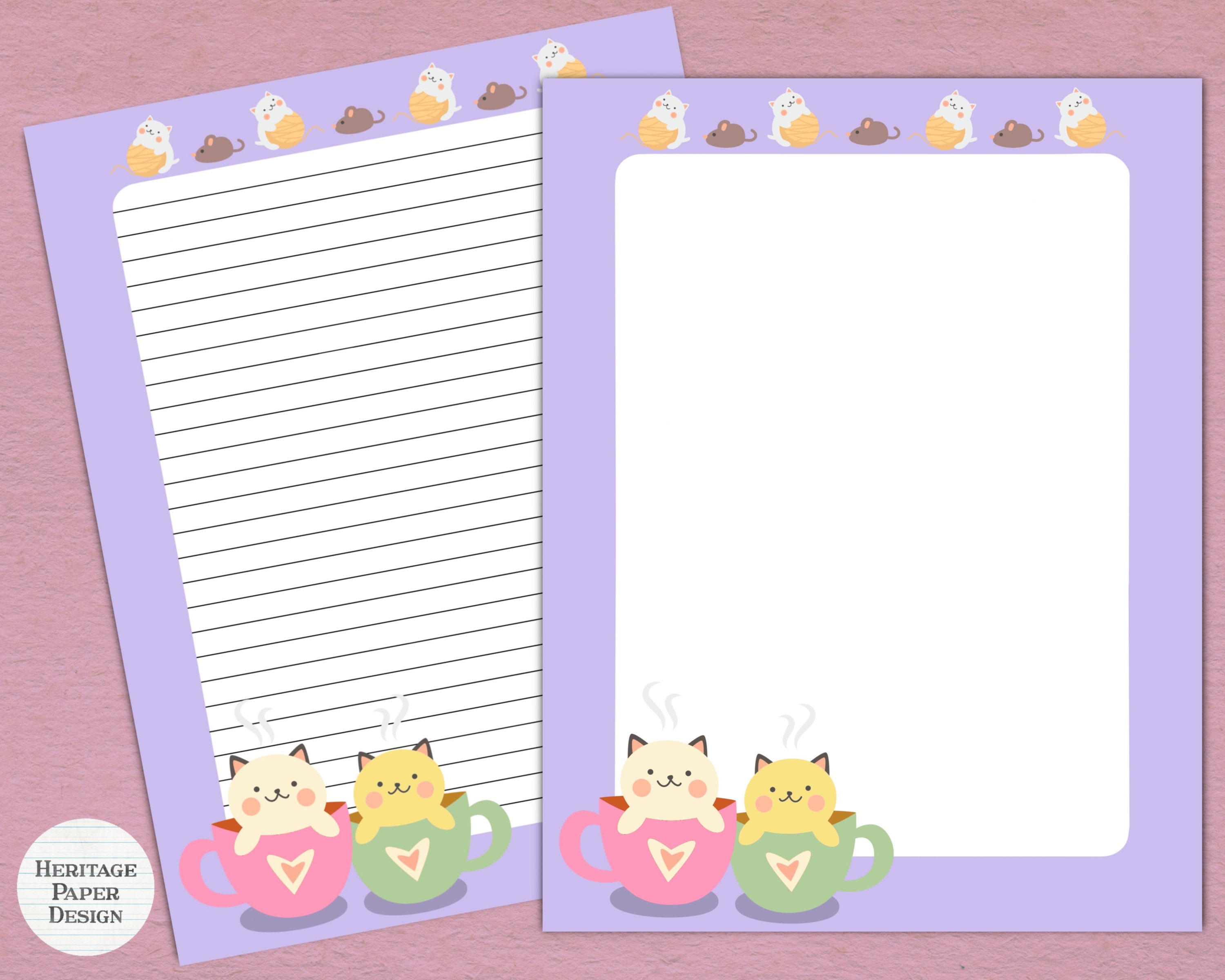 cute teacup cats printable stationery digital note paper etsy