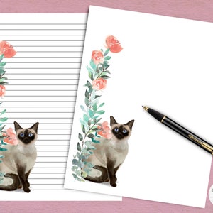 Papelería imprimible de gato siamés / Imprimir en casa / Perfecto para amigos por correspondencia / Escritura de cartas / Papel de notas / Diario / Correo postal / Amantes de los gatos